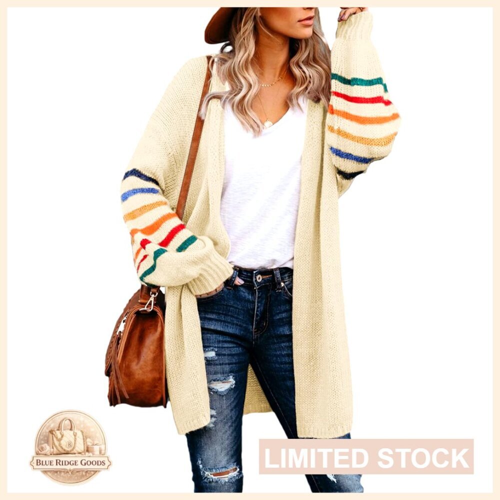 Long Open Front Cardigan Striped Color Block Loose Knit Sweater
